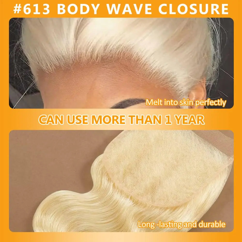 15A Human Hair Bundles with Closure 4x4 HD Lace 613 Blonde Body Wave Bundles Human Hair Weaving Remy 100% Human Hair Extensions