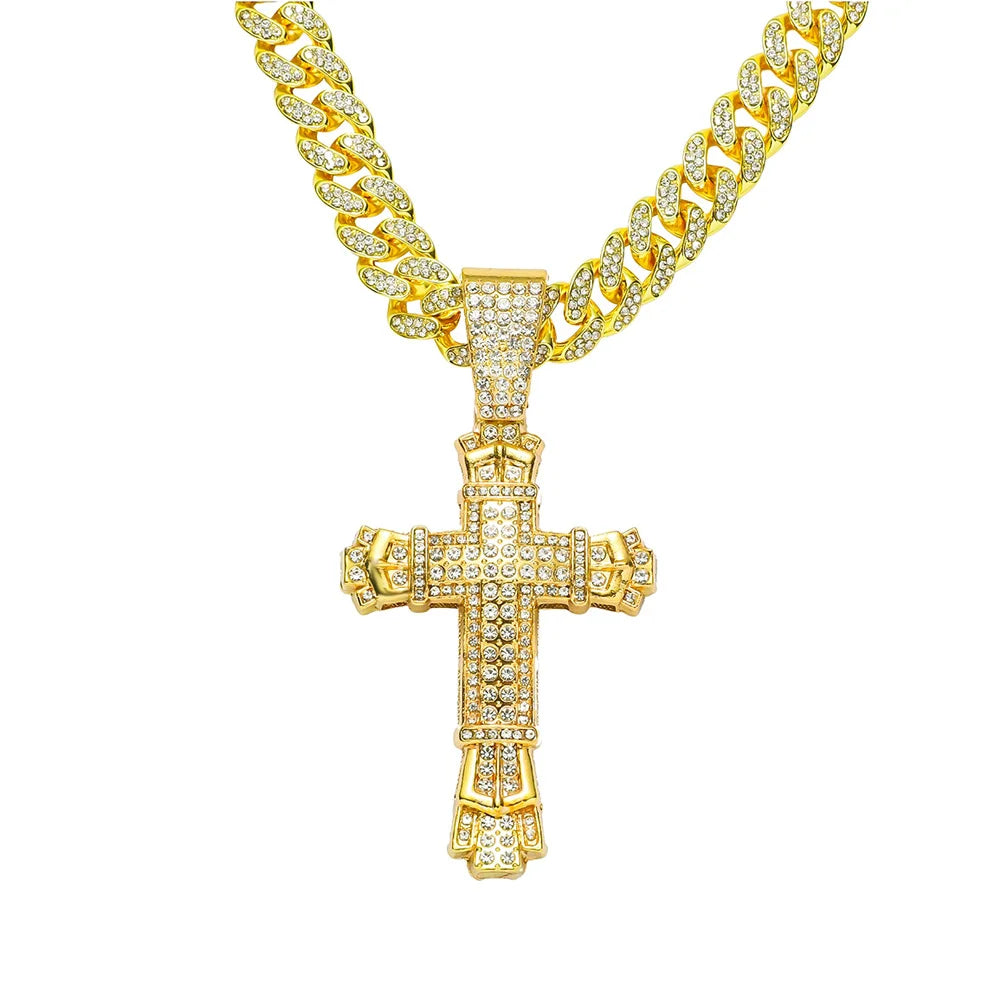 Gold personalized cross pendant necklace with diamond accents, European and American hip-hop style jewelry from HSF Marketplace.