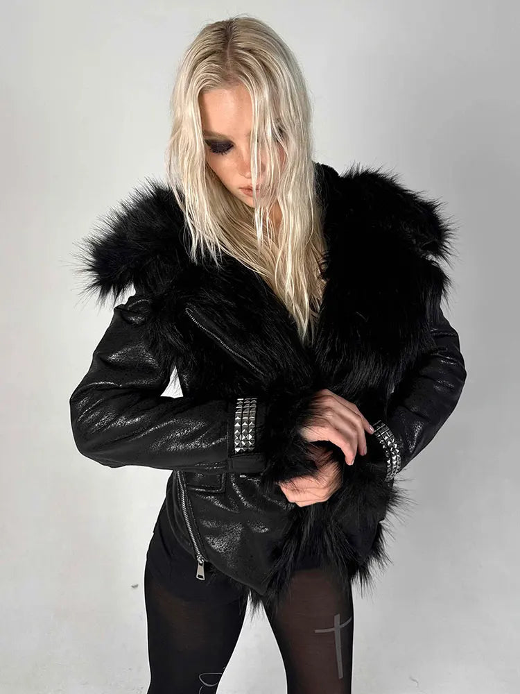 Lautaro women’s short black shaggy faux sheepskin coat, thick warm soft fluffy jacket
