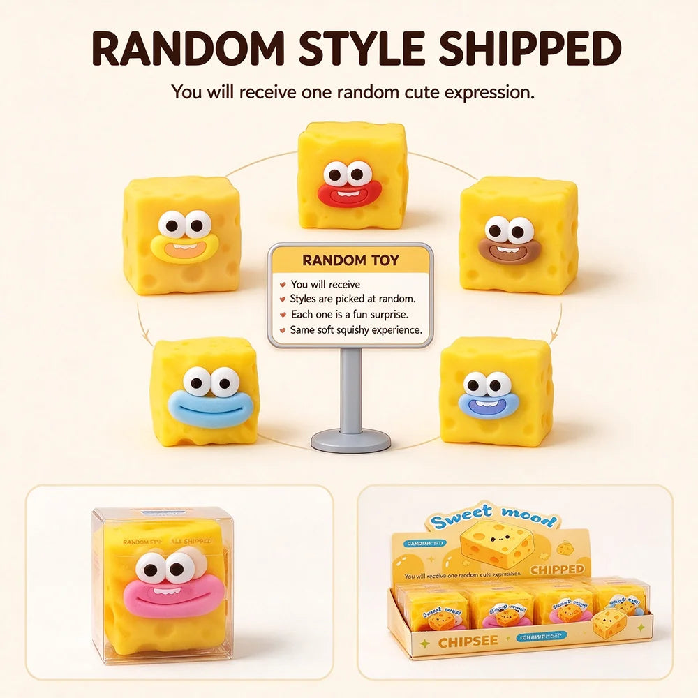 Cute cheese block squishy toy for stress relief, soft sensory toy in yellow cheese design