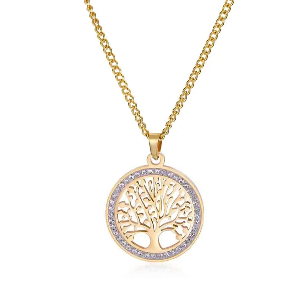 Stainless steel Tree of Life pendant necklace for women with AAA zircon border, hypoallergenic, waterproof, adjustable chain jewelry