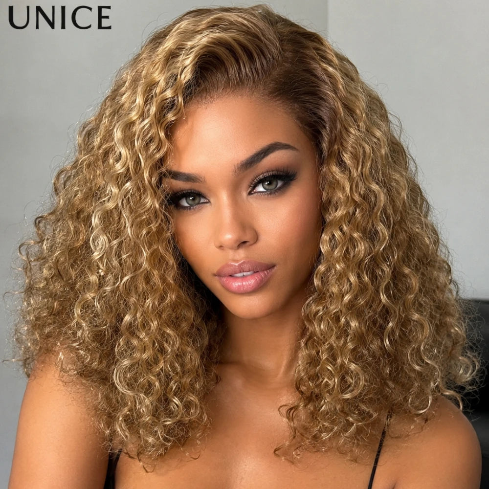 UNice 7x5 Bye-Bye Slip™ Lace Honey Blonde Highlights Voluminous Curly Bob Wig With Drawstring 100% Human Hair Wig Pre Cut Pre Bleached Glueless Wig Ready To Wear Go 180% Density