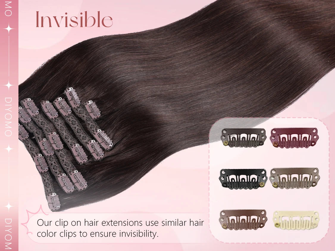 Natural black straight HSF Marketplace human hair clip-in extensions set with 7 PU invisible wefts, 116g