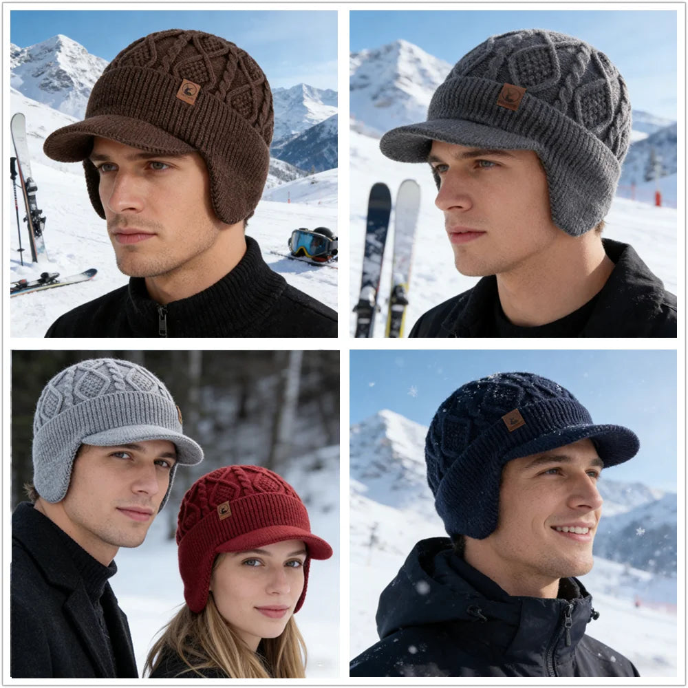 Unisex winter hat with plush fur lining, earflaps, and thick knitted beanie design for outdoor skiing