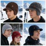 Unisex winter hat with plush fur lining, earflaps, and thick knitted beanie design for outdoor skiing