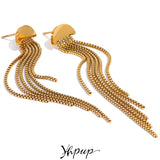 Stainless steel long tassel drop earrings with 18K gold plated charm by HSF Marketplace