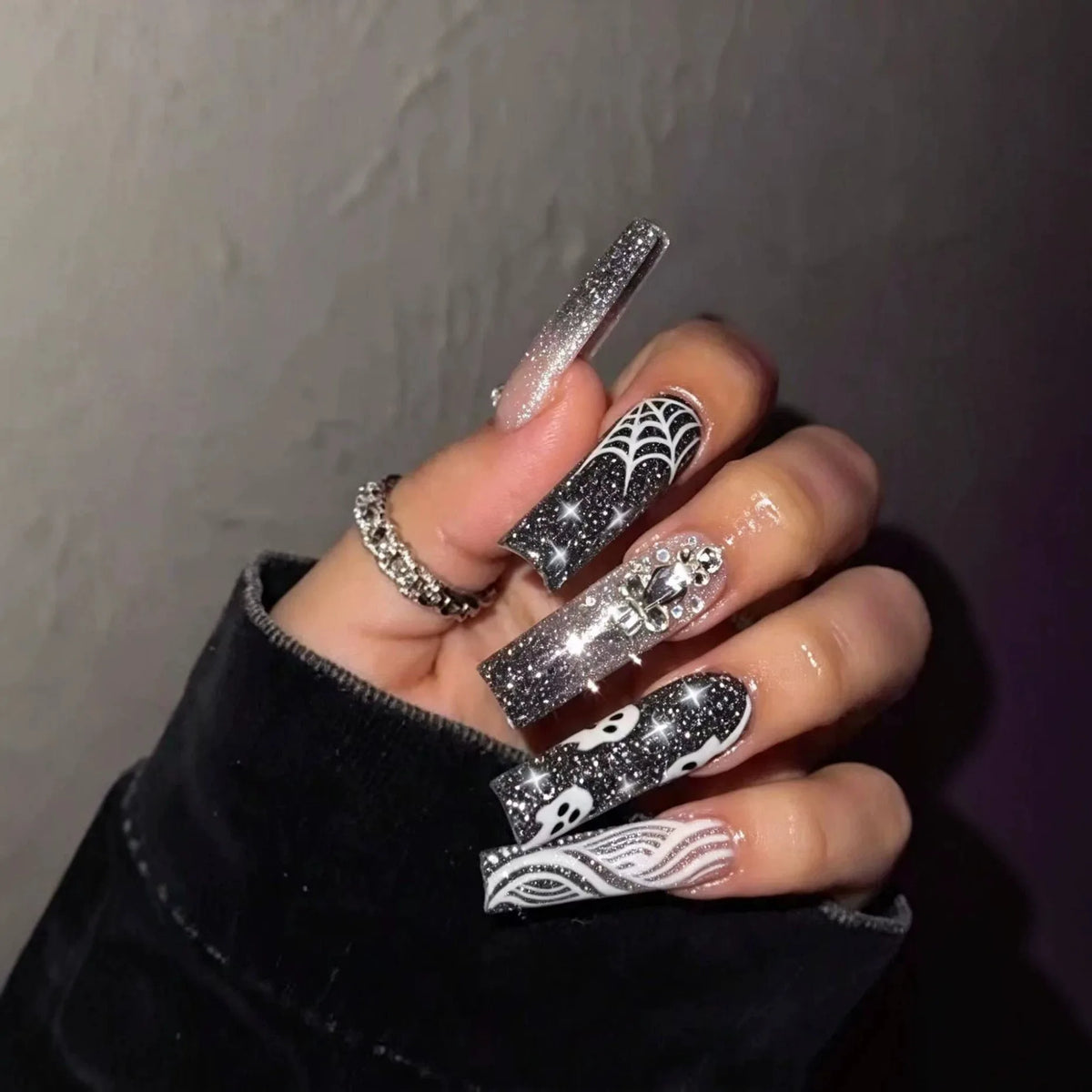 24-piece pink glitter press-on false nails with skull and love prints, European ballet shape