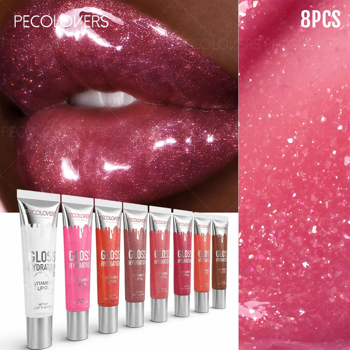 HSF Marketplace 8-piece moisturizing lip oil kit with glossy, translucent finish, perfect for casual outdoor and party makeup looks.