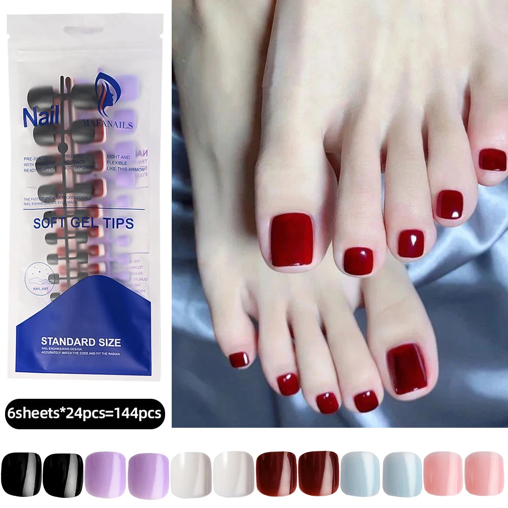 HSF Marketplace pink French tip press-on toenails, square short false toe nails with glossy finish, 120-piece set
