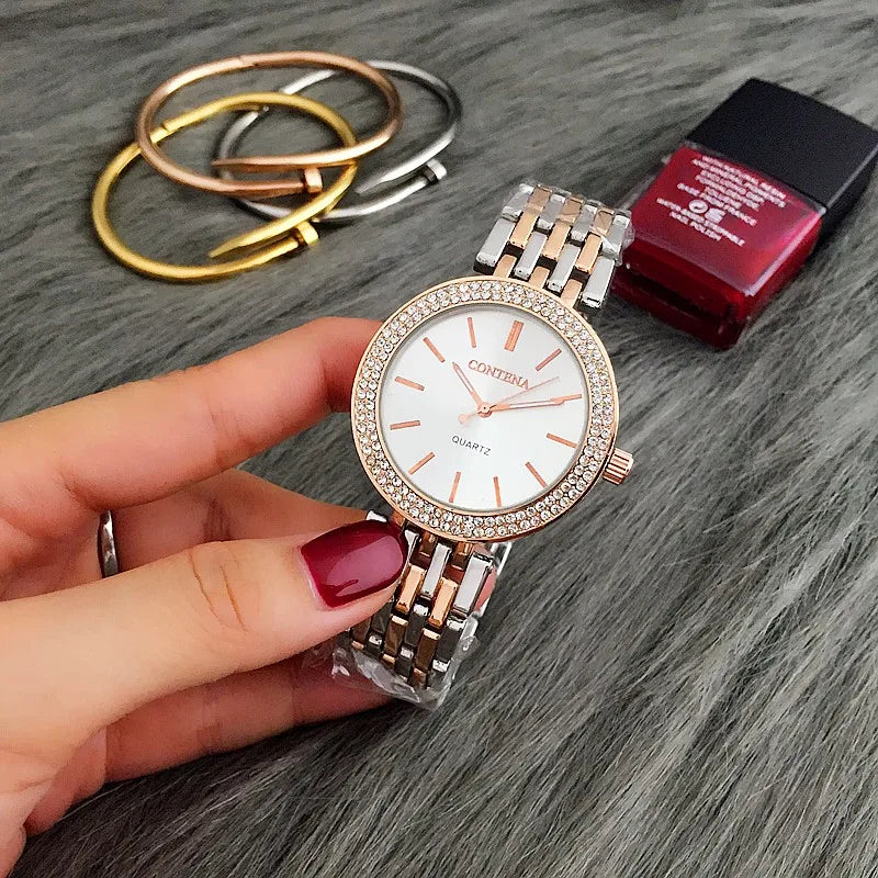 Contena Brand Luxury Women's Watch Fashion Rhinestones Stainless Steel Quartz Watch Simple Elegant Ladies Watch Reloj Mujer
