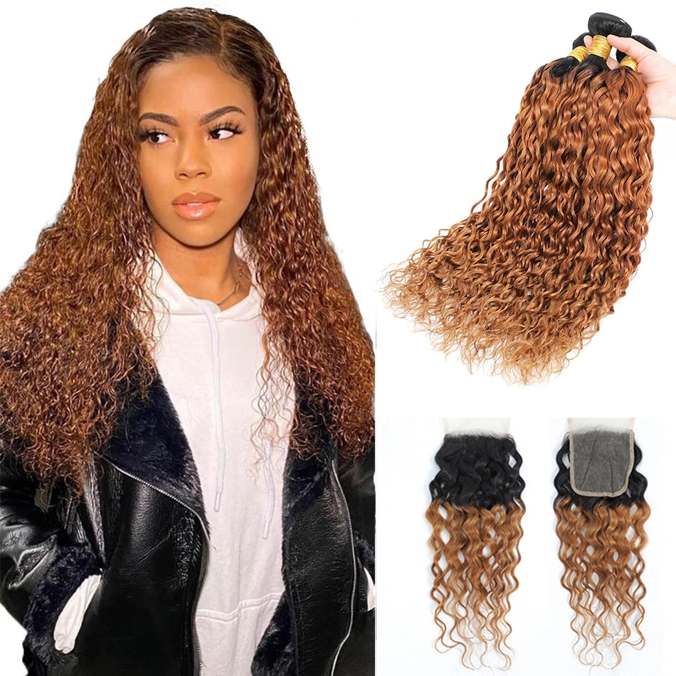 12A Ombre 1B 99J Brown Water Curly 3 Bundles With HD Lace Closure Colored Remy Malaysia Hair Wet And Wavy 3 Bundles With Closure