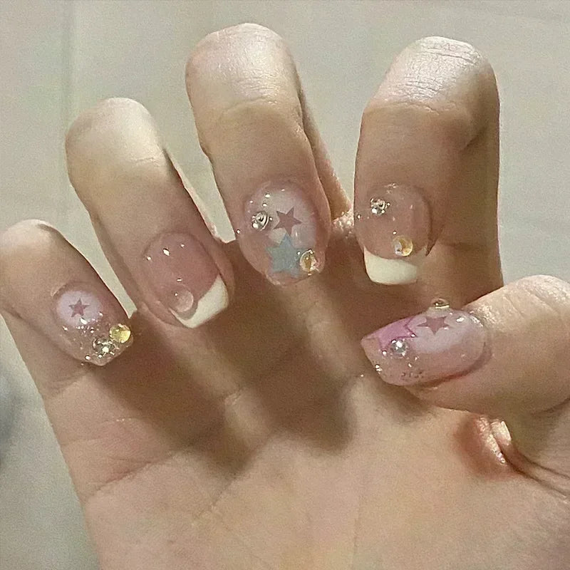24-piece blush pink glitter diamond cat eye coffin press-on false nails in short square full-cover style