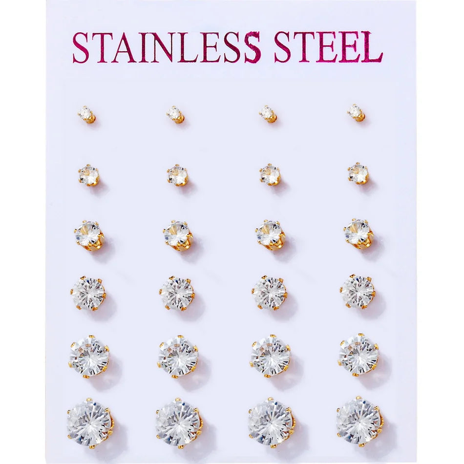 12 pairs white crystal stud earrings set, 2–7mm round and square zircon stones with golden stainless steel posts