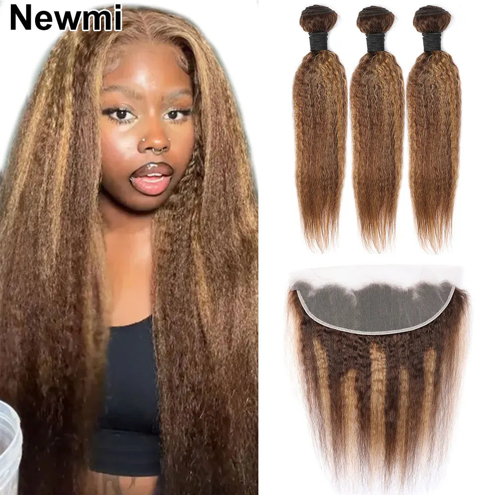 Blonde Highlight Kinky Straight Bundles with Closure Human Hair P4/27 Ombre Hair Weave with 4x4 Lace Closure 13x4 Lace Frontal