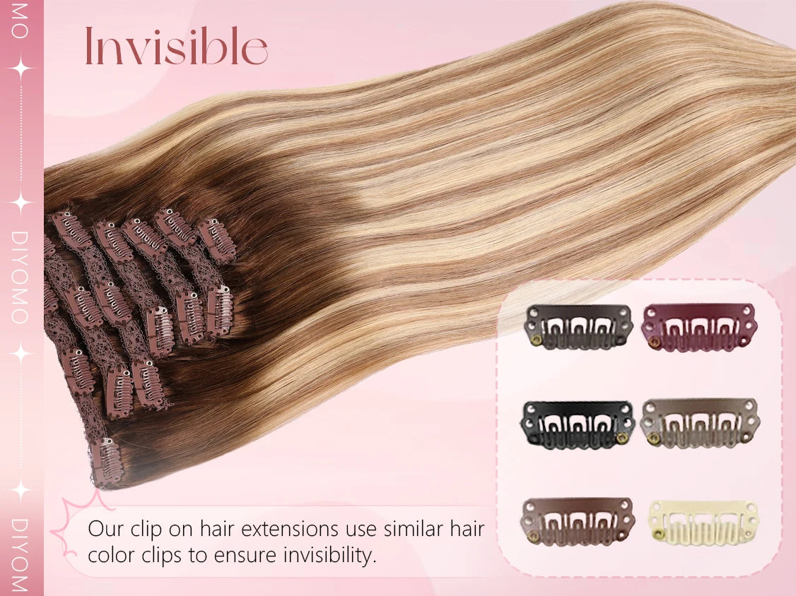 Natural black straight human hair clip-in extensions set with 7 PU invisible wefts, 116g lightweight hairdressing set