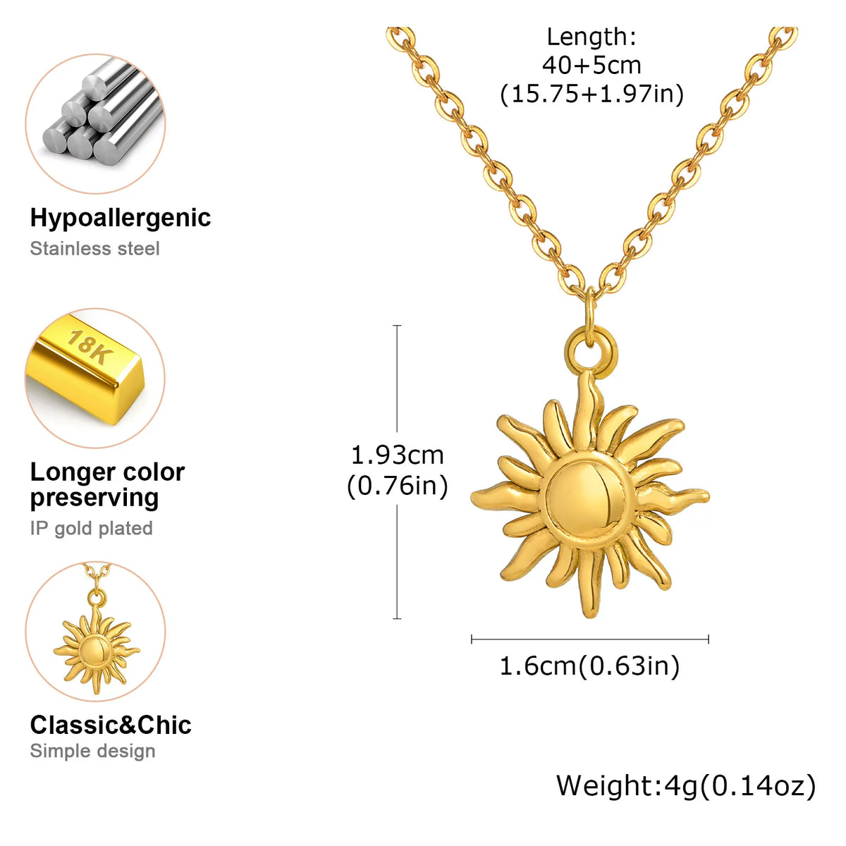 Stainless steel spiral sunflower pendant necklace for women, 18K gold plated, boho style, waterproof fashion jewelry.