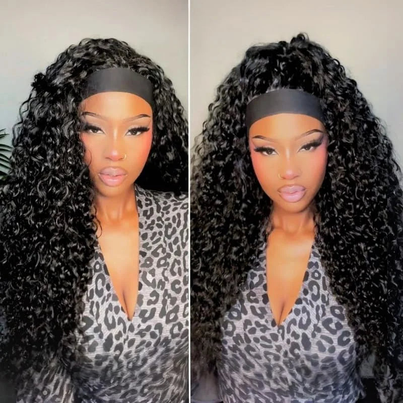 HSF Marketplace deep wave curly human hair half wig with headband, full machine-made construction