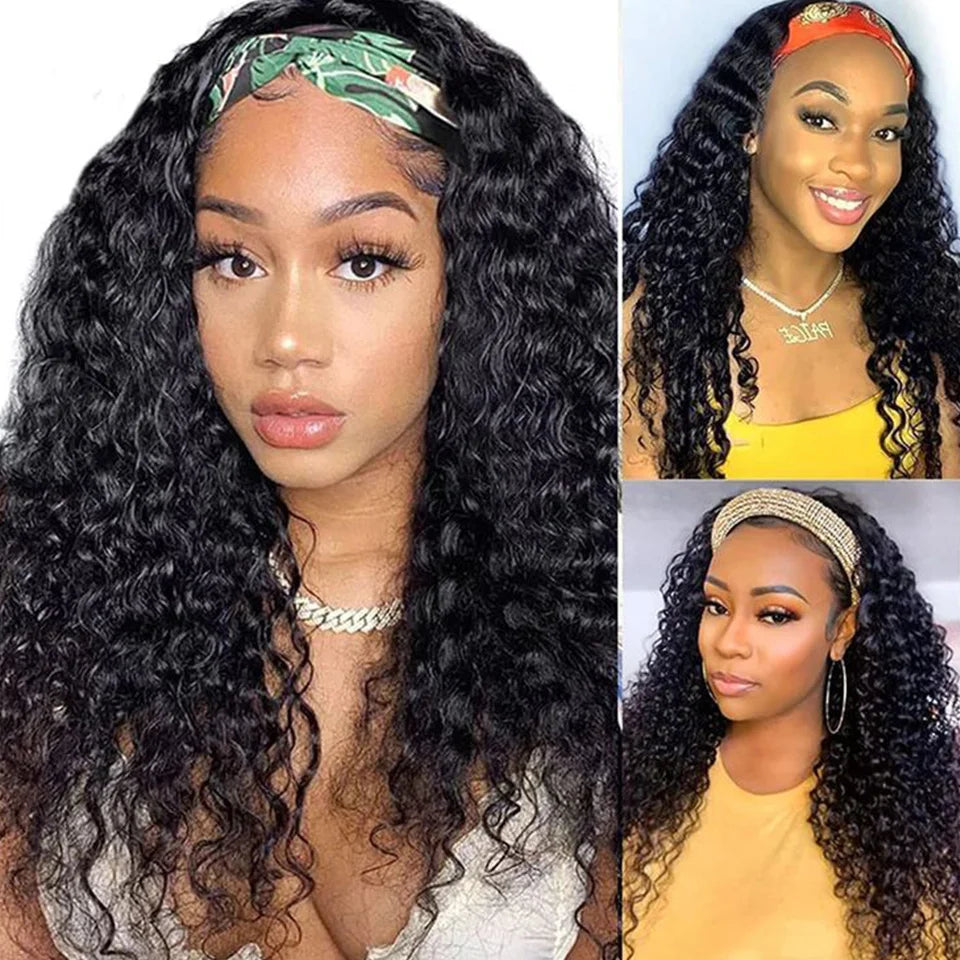 180% Afro kinky curly Brazilian human hair wig with headband, no-glue ready-to-wear style for Black women