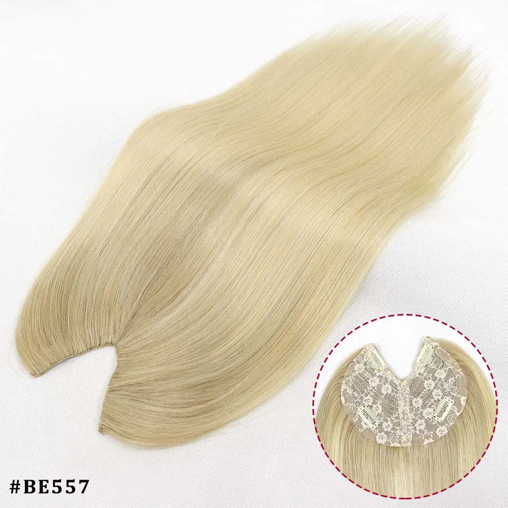 V-shape clip-in human hair extensions with brown blonde highlights, straight 16-inch Brazilian Remy hair topper