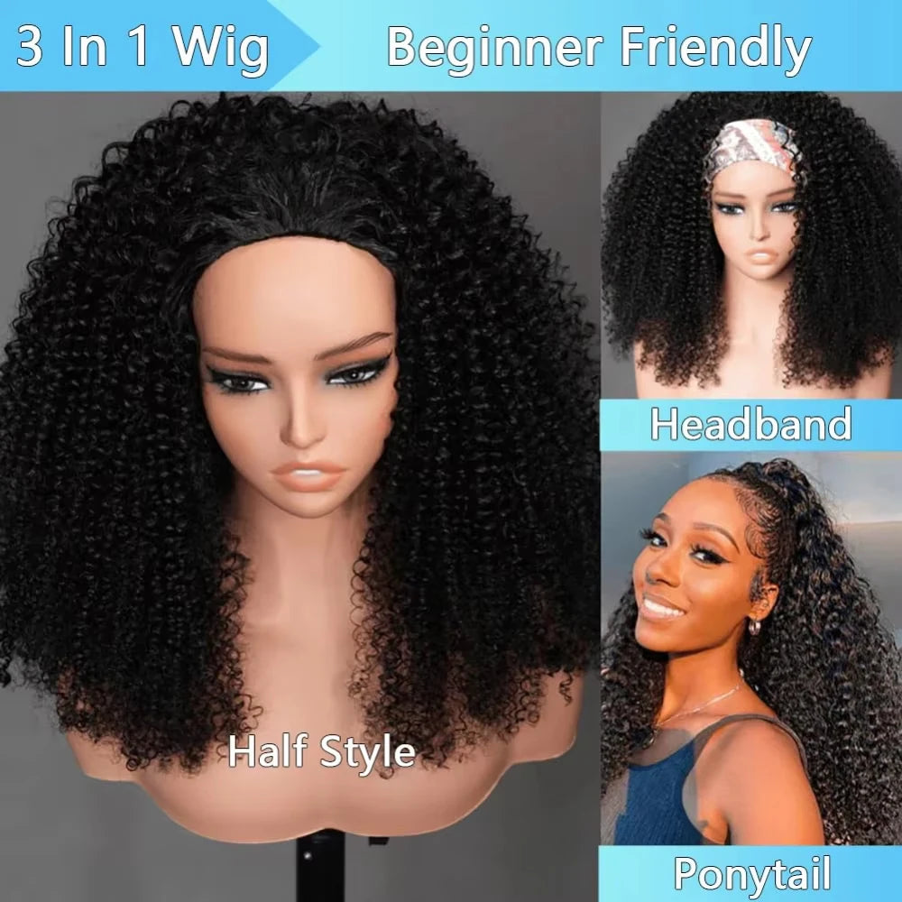 Kinky curly 32-inch Remy human hair half wig with headband by HSF Marketplace