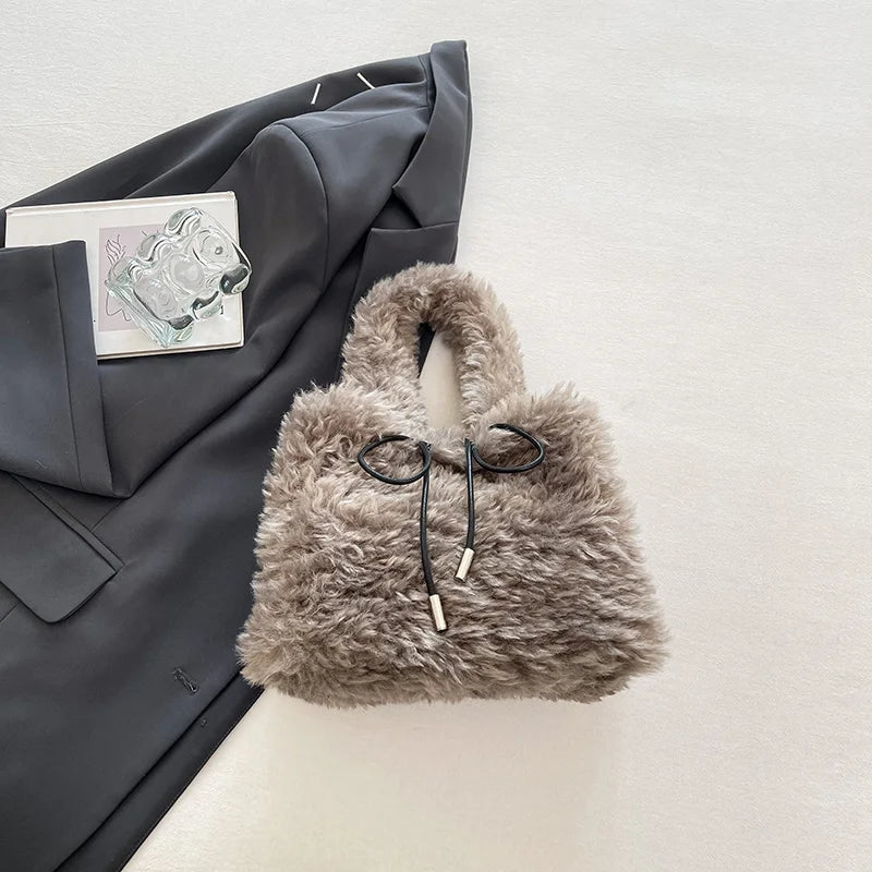 Leftside 2026 winter faux fur small tote bag with curly fluffy fur, drawstring top handle shoulder bag for women.