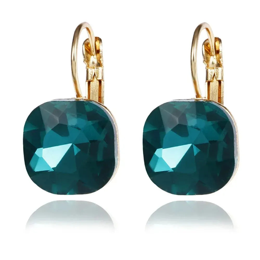 Hot Fashion Gold Color Square Stud Earrings White Pink Blue Green Purple Austrian Crystal Rhinestone Earring For Women Jewelry