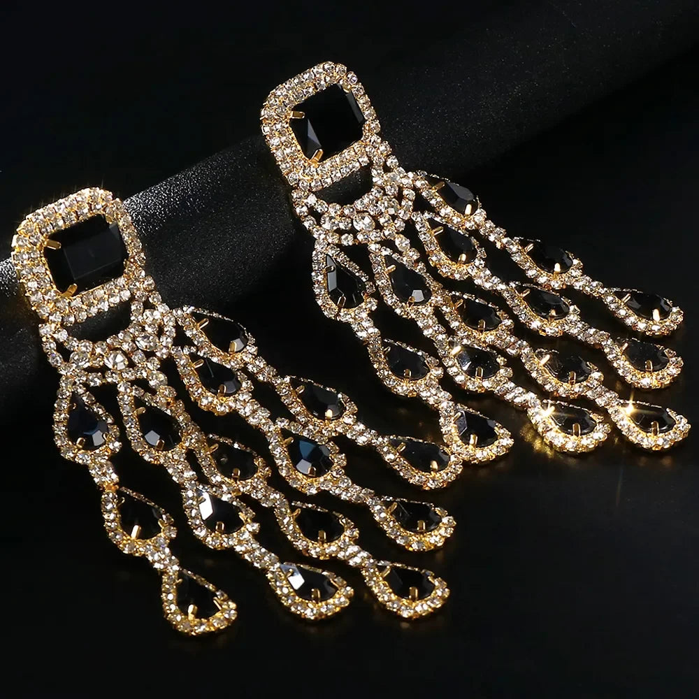 Bridal black crystal tassel earrings with elegant dangling design by HSF Marketplace