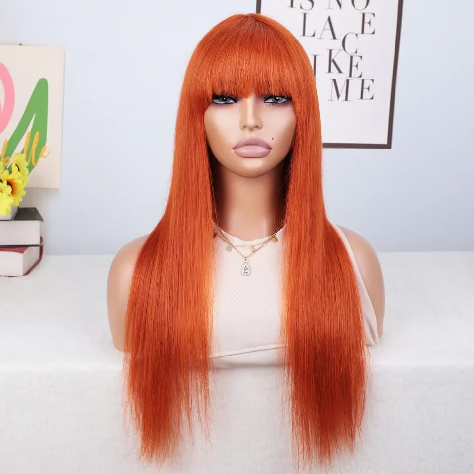 Long straight ginger human hair wig by HSF Marketplace, Brazilian Remy hair, full machine-made, ideal for cosplay and women's styling.