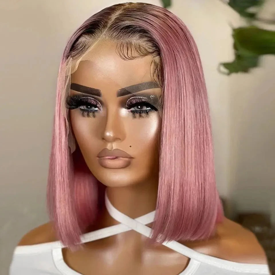 Rebecca black bob wig by HSF Marketplace, lace front, straight Peruvian human hair, reddish brown, 13x6 inch lace part, natural look