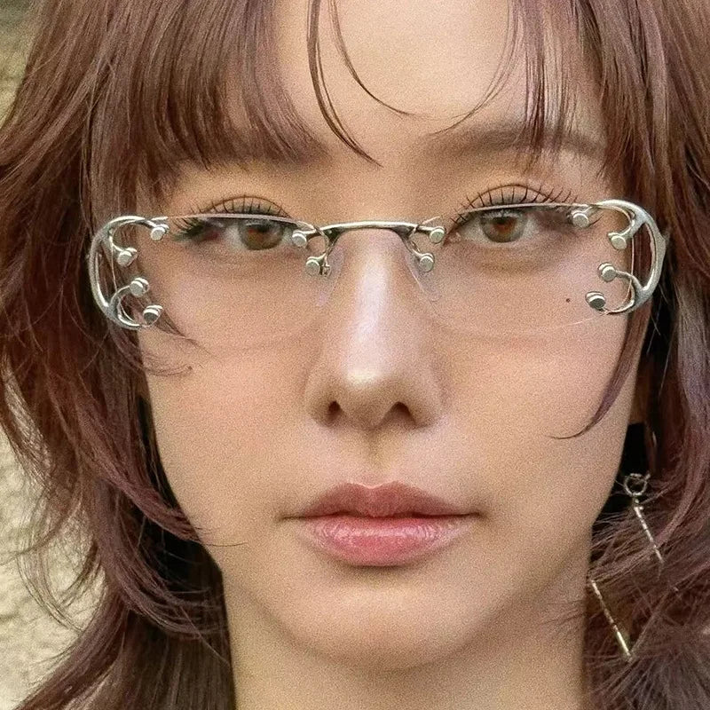 HDF Marketplace studded rimless metal rectangular sunglasses with UV400 protection, retro Y2K fashion eyewear for daily and party wear