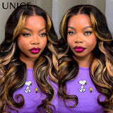 UNICE Butterscotch Highlights Loose Wave Wig With Face Framing Bangs No-Slip 7x5 Lace Glueless Human Hair Wig 150% Density