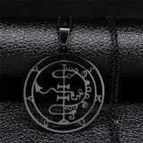 Stainless steel Satan necklace featuring Sigil de Lucifer, Baphomet stamp, and Asmoday laser design on chain jewelry.