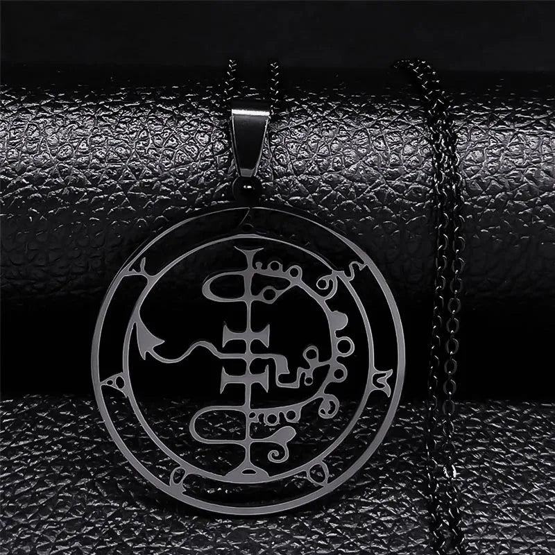 Stainless steel Satan necklace featuring Sigil de Lucifer, Baphomet stamp, and Asmoday laser design on chain jewelry.