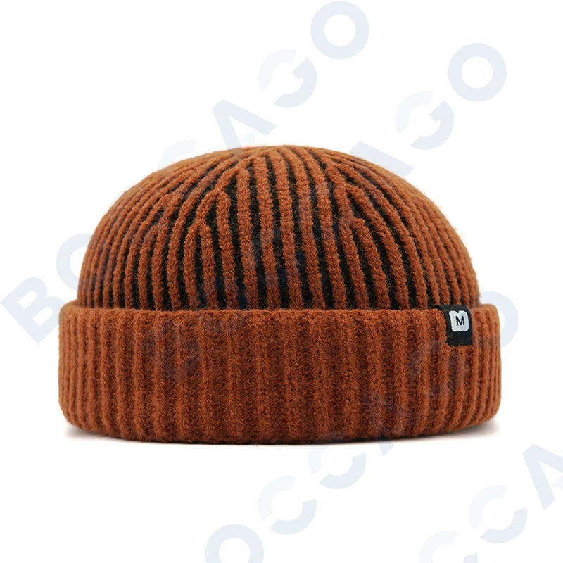 Women's thick striped knitting docker cap warm winter beanie with letter label, HSF Marketplace retro hat