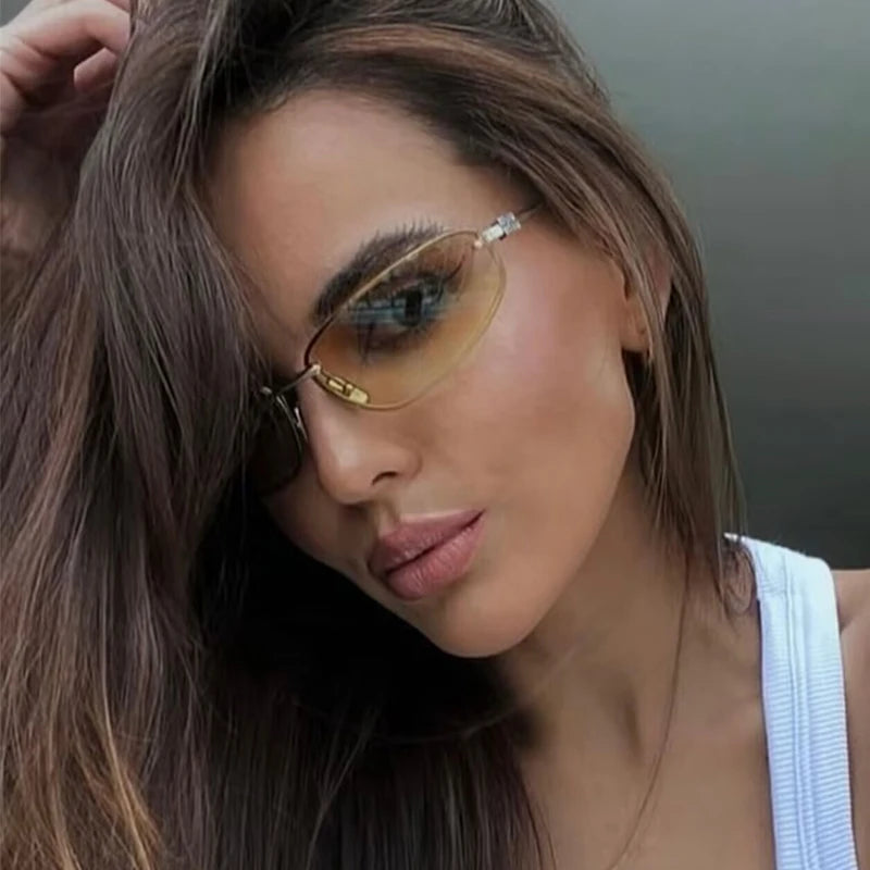 Oval frameless Y2K luxury sunglasses with retro punk styling for women