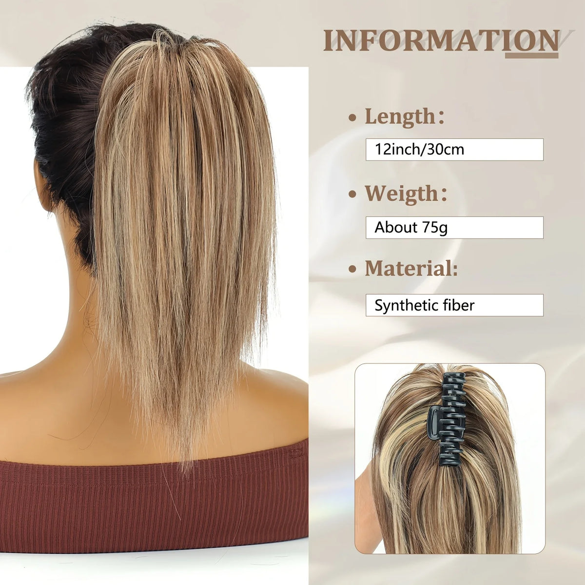 HSF Marketplace 12-inch synthetic ponytail extension with claw clip, soft heat-resistant fiber in a natural ponytail style