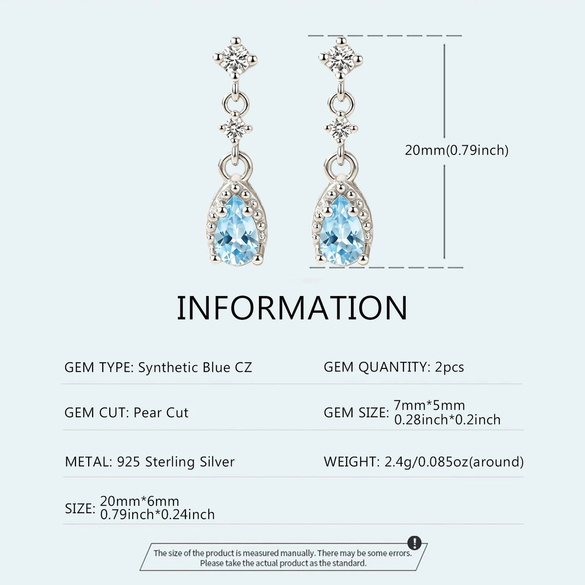 Sterling silver dangle drop earrings with sea blue CZ stones for women by HSF Marketplace