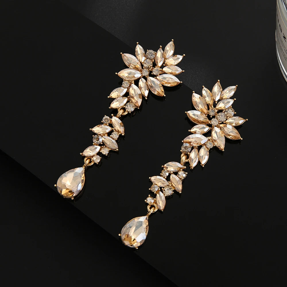 Champagne crystal drop earrings by HSF Marketplace, elegant bridal jewelry with sparkling teardrop stones