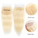 3/4 Bundles with Closure 50g/pc #613 100% Human Hair Weave 4*4 Transparent Lace Frontal Free Part Platinum Blonde Straight Bobbi