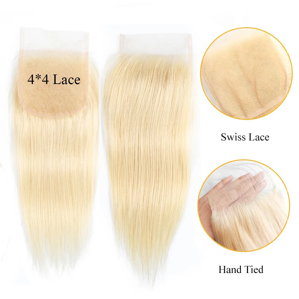3/4 Bundles with Closure 50g/pc #613 100% Human Hair Weave 4*4 Transparent Lace Frontal Free Part Platinum Blonde Straight Bobbi