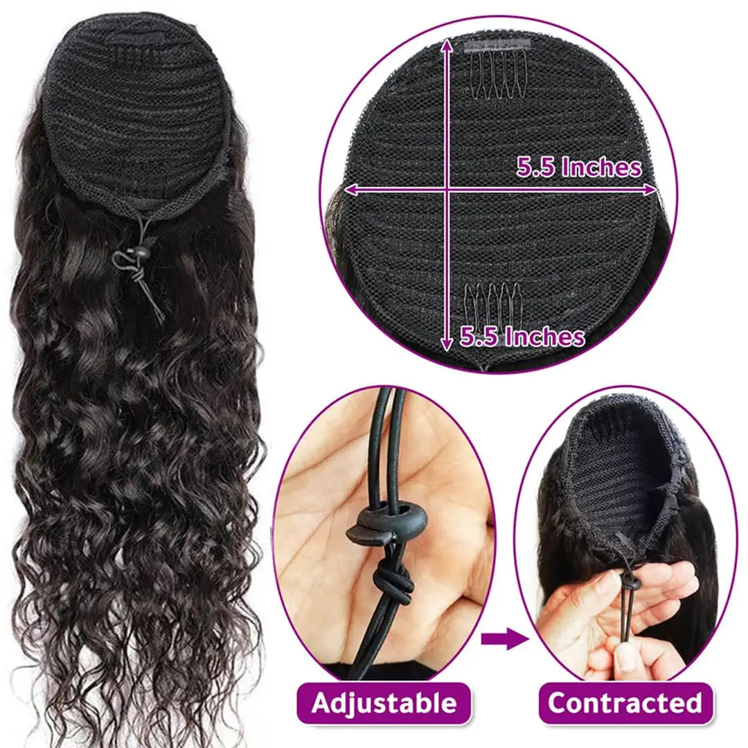Water wave wrap-around drawstring ponytail human hair extension by HSF Marketplace