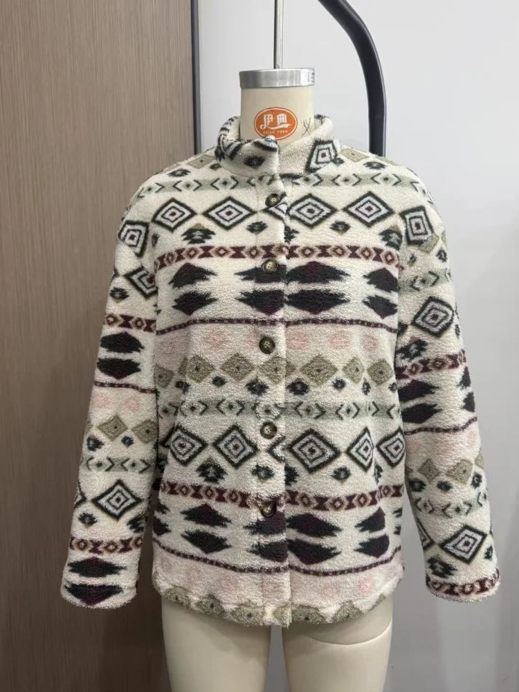 Women's winter fleece jacket with Aztec print, cozy style by HSF Marketplace