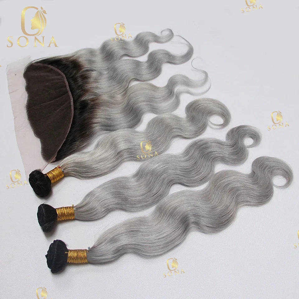 Color Ash Blonde Body Wave Hair Weave Bundle Ombre 1b/Grey 13x4 Frontal Human Hair 4x4 Closure 1 3 4 Bundle Deals For Women