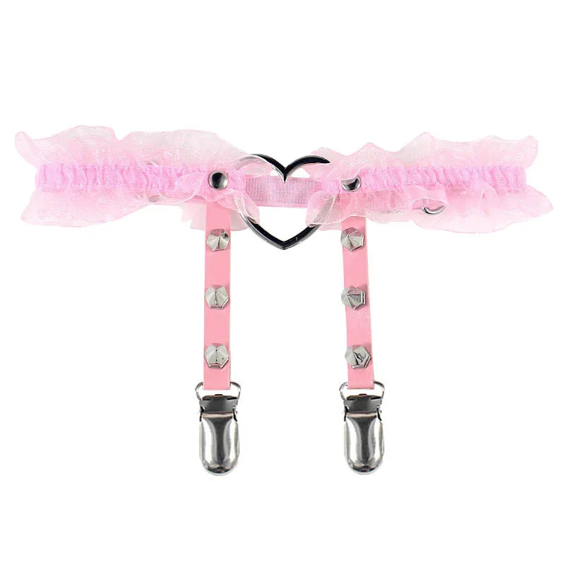 Women's PU leather thigh garter leg ring with heart rivets, spikes, and adjustable elastic strap
