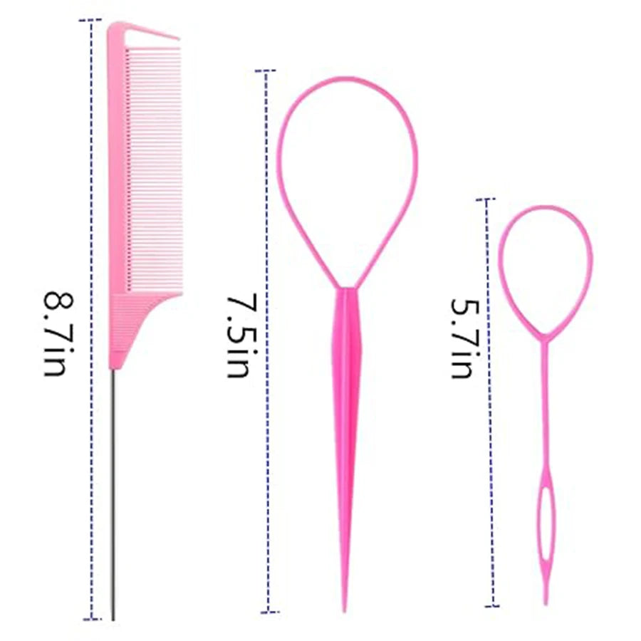 3PCS Hair Loop Tool Set with 2PCS French Braid Tool Loop 1PCS Rat Tail Comb Metal Pin Tail Braiding Comb for Hair Styling
