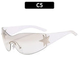 Y2K rimless punk sunglasses by HSF Marketplace featuring wrap-around design, luxury brand style, suitable for women and men.