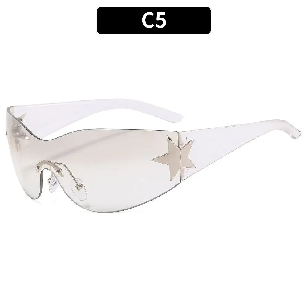 Y2K rimless punk sunglasses by HSF Marketplace featuring wrap-around design, luxury brand style, suitable for women and men.