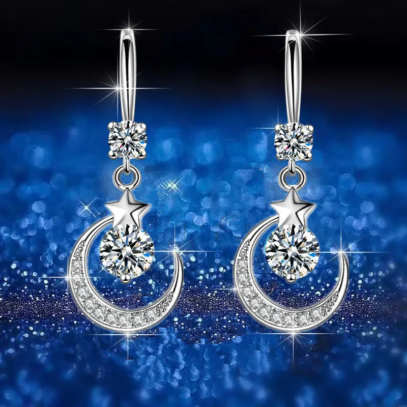 Dangle star moon earrings in 925 sterling silver with sapphire by HSF Marketplace
