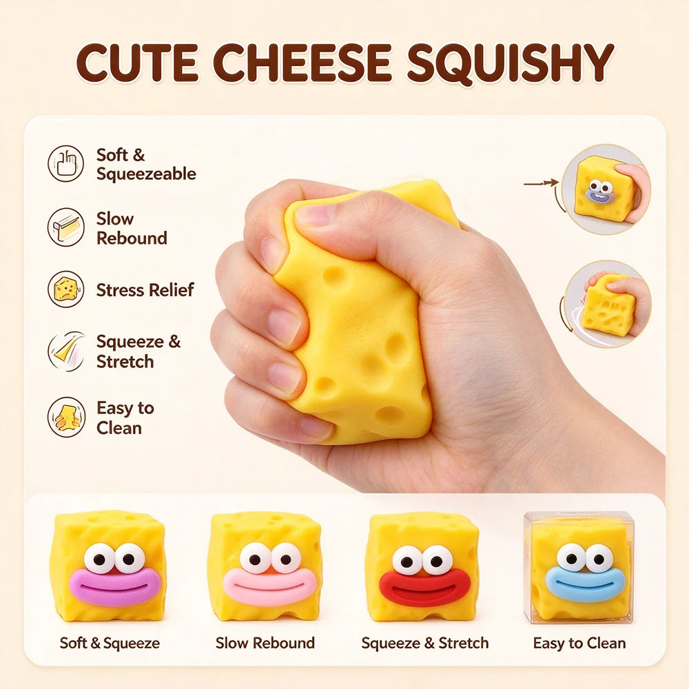 Cute cheese block squishy toy by HSF Marketplace for sensory stress relief and fun