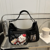 Clear Y2K Harajuku style shoulder bag with black straps, transparent design, and spacious interior, ideal for school or casual use.